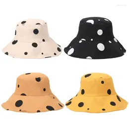 Berets Women Summer Wide Brim Floppy Bucket Hat Vintage Irregular Polka Dot Print Sunscreen Foldable Cotton Fisherman