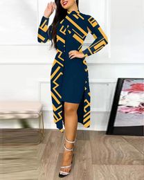 Casual Dresses Spring Autumn Printed Slit Party Dress Women Half High Collar Long Sleeve Maxi Club Night Out Work