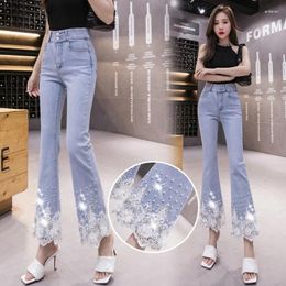 Women's Jeans 2023 Summer Vintage Pearls Flare Pants Women 3D Flower Embroidery Beaded Diamond Lace Mom Plus Size XXL