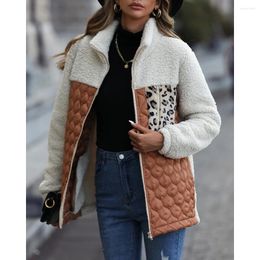 Women's Jackets 2023 Women Leopard Colorblock Zipper Fluffy Coat Femme Stand Collar Long Sleeve Puffer Casual Autumn Outfits Y2k