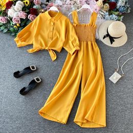 Women's Two Piece Pants Spring And Summer Fashion Suit Female Slim Tube Top High Waist Wide-leg Jumpsuit Short Foreign Style Shirt Two-piece