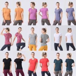 Align Lu Yoga Woman Running Short Sleeve Fitness Gym Tops Sexy Sport T-Shirts Solid Colour Tee Shirt Breathable Outdoor Yogas Tank Vest Quick Dry Athletic Lady