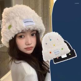 Berets Winter Plush Beanie Cap For Women Korean Solid Colour Fluffy Fur Bucket Hat Y2K Colourful Buttons Girls Female Ear Protection Hats