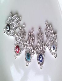5 colors Silver Plated Alloy Crystal Sideways Evil Eye Hand Hamsa Bracelet Connectors Bracelet Charms Jewelry Finding amp Compon9248979