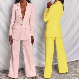 Women's Two Piece Pants S 1 Set Women Suit Solid Colour Long Sleeve Two-piece Lapel Buttons Office Lady Blazer For Wedding