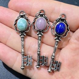 Pendant Necklaces Natural Crystal Stone Key Pendants Charoite Kunzite Lapis Lazuli Antique Silver Color Chain Necklace Women Jewelry