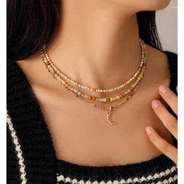 Choker Vintage Natural Stone Moon Pendant Beaded Necklace For Women's Versatile Layered Neckchain