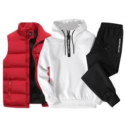 Mens Tracksuit Suits Half zip Hooded SweatshirtWaterproof Down VestSweatpants 3 Piece Set Winter Warm Casual Clothes 231229