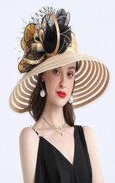 Elegant Women Feather Flower Striped Kentucky Derby Hat 16cm Wide Brim Church Dress Sun Hat Lady Summer Beach Party Wedding Hat Y28735669