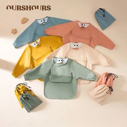 Baby Feeding Bibs PU waterproof Children Solid Color Smock with Storage Bag Infant Long-sleeved Apron for Boys Girls Baby Stuff 231229