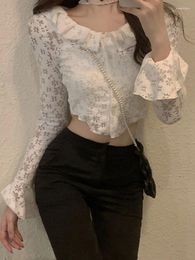 Women's Blouses White Lace Hollow Out CardiganShirt Women Autumn Korean Fashion Tops Female Sweet Ruffle Flare Sleeve Chic Short Shirts