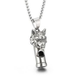 Gothic Wolf Head Whistle Necklace Pendant Casting Stainless Steel Rolo Chain Jewelry For Mens Boys Cool Gifts Silver Polished Blin236m