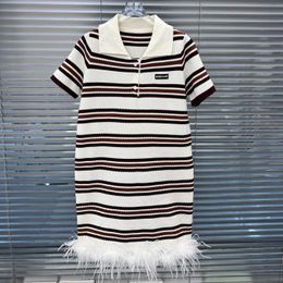 Muui Miu 2024 Early Spring Home Fashion New Niche Striped Knitted Short Sleeved Patchwork Fur Skirt Hem Dress for Women