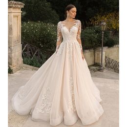 Stunningbride 2024 Dubai Crystal A-Line Wedding Dresses lace long sleeve Plus Size Bridal Gowns Sheer Long Sleeves Lace Feathers Luxury Beach Boho Bride Dresses
