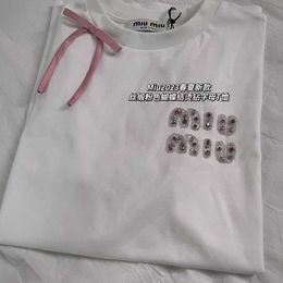 23 Summer Miu * Letter Studded Diamond Pink Ribbon Bow White Short Sleeved T-shirt Top