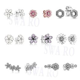 2021 Fashion Silver 925 stud Sparkling Pave Pink Daisy Flower Honeycomb Hexagon Trio Earrings Original Woman Jewellery Gift307D