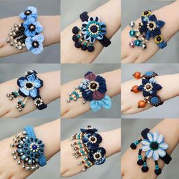 Link Bracelets Handmade Ethnic Tie-dyed Fabric Flower Braided Bracelet Blue Charms Clapper Bell Jewellery Belly Dance Accessories