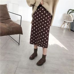 Autumn Winter Knitted Polka Dot Skirt Women Split High Waist Elastic Bud One Step Chic Vintage 2022 Female Skirt Knitwear