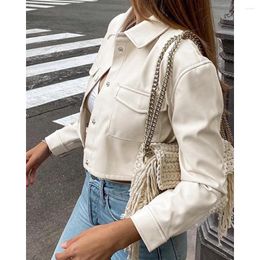 Women's Jackets Fashion Women Pocket Design Pu Leather Autumn Femme Long Sleeve Turn-down Collar Coat Outfits Y2k Style Chaqueta Bomber