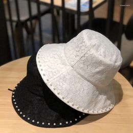 Berets Fashion Women Lace Pearl Bucket Hats Summer Autumn Street Style Harajuku Print Outdoor Sunscreen Hat Travel Cap Gift