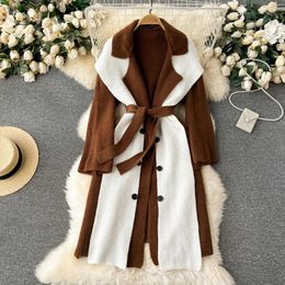 Women's Trench Coats Autumn Knitted Coat Ladies 2024 Long Sleeves Thick Sweater Out Wear Fashion Patchwork Loose Casual Overcoat