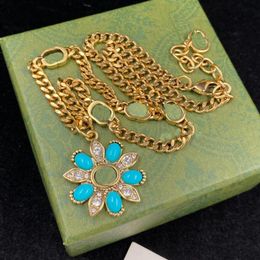 Blue flower shape rhinestone pendant necklaces antique bronze chain luxury necklace fashion brand designer for woman girl ladies w266I