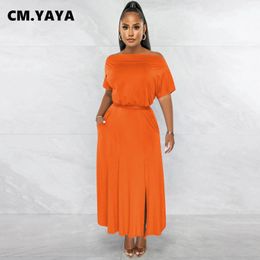 Dresses CMYAYA Women Off Shoulder Sashes Waist Side Split Batwing Short Sleeve Maxi Long Dress 2022 Summer Street Elegant INS Dresses
