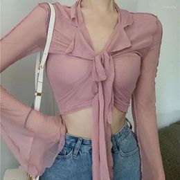 Women's Blouses Sexy Girls For Women Sweet Lace-Up Mesh Pink Flare Sleeve Shirt Female Korean Fashion All-Match Solid Cropped Shirts