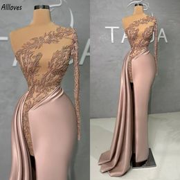 Dusty Pink Shiny Sequins Beaded Prom Dresses Sexy Hollow One Shoulder Long Sleeve Evening Formal Gowns Peplum Satin Elegant Aso Ebi Second Reception Dress CL3129