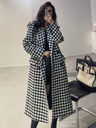 Houndstooth coat kvinnor vintage faux ull överrock kvinnlig höst vinter tjock varm jacka damer koreanska mode långa blandningar rockar 231228