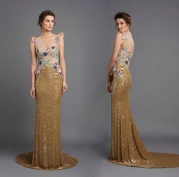 Sparkly Sequined Evening Dresses Hamda Al Fahim Sheer Jewel Neck Floral Appliqued Prom Gowns Sweep Train Keyhole Back Evening Dres7399579