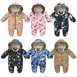 Winter Keep Warm Baby Rompers Toddler Girl Overall Jumpsuit Hooded Zipper Fur Collar Baby Boys Romper 1 2 3 4 Years Kids Clothes 231229