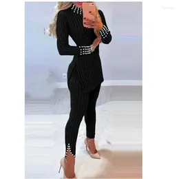 Women's Two Piece Pants Women 2pcs Sets Long Sleeve Ribbed Slit Sweater Top And High Waist Knitted Pencil Set