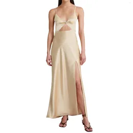 Casual Dresses Sexy V Neck Low Cut Open Back Satin Slit A Line Long Dress Party Dating Sling Women Mini