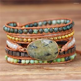 Charm Bracelets Exclusive Genuine Leather Wrap Bracelet Statement Prehnite Femme Boho Natural Stone 5 Wraps Drop