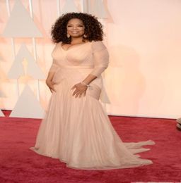 2020 blush pink Oprah Winfrey Oscar Celebrity Dresses plus size v neck sheath tulle with long sleeves Sweep Train Draped evening D5988660