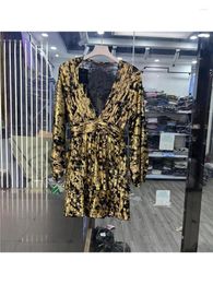 Casual Dresses Chic Lady V-Neck Long Puff Sleeve Elegant Short Golden Shiny Sequins Spring Fashion Club Style Women's Mini Dress