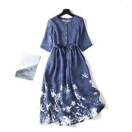 Party Dresses Cotton Linen Printed Women Dress Summer 2023 Vintage Blue O-Neck Half Sleeved Slim Belt Knee-Length Female Clothing