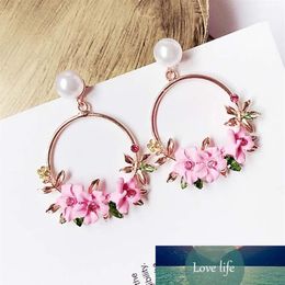 Korean Jewelry Zircon Pearl Heart Crystal Flower Pottery Pearl Earrings For Women Statement Ear Jewelry Whole204l