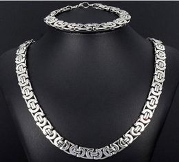 New Style Jewlery Set 8mm Silver Tone Flat byzantine chain necklace bracelet 316L Stainless Steel Bling for Fashion mens XMAS Gi4218911