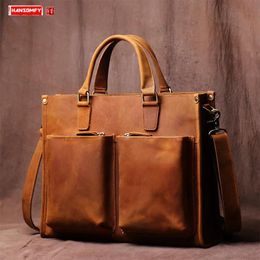 Briefcases Retro Leather 14 Inch Laptop Bag Men's Handbag Cross Section Men Briefcase Computer Bag Male Shoulder Messenger Bag Travel Bags