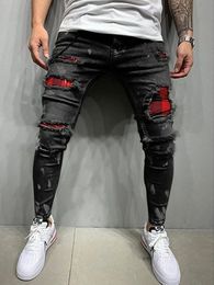 Mens Skinny Ripped Jeans Fashion Grid Beggar Patches Slim Fit Stretch Casual Denim Pencil Pants Painting Jogging Trousers Men 2312129