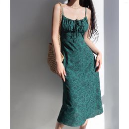 Casual Dresses Oil Painting Dark Green Low-Cut Slim Fit A- Line Dress