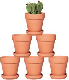 6 Pcs 32'' Clay Pots with Saucer Pottery Planter Cactus Flower Succulent Pot Drainage Hole Great for Plants Crafts 231228