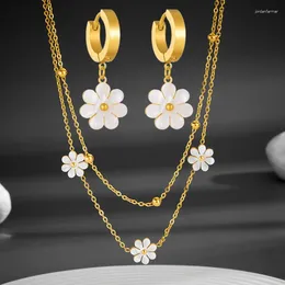 Necklace Earrings Set 316L Stainless Steel Elegant White Shell Daisy Butterfly Hip-hop Layered Earring Wedding Jewelry