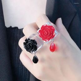 Cluster Rings Romantic Black Tears Of The Rose For Women Girls Resin Red Flowers Finger Vintage Party Wedding Jewellery Gifts