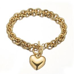 Whole Or Retail Charming 316L Stainless Steel Silver Color Gold Rolo Oval Link Chain With Solid Heart Mens Womens Bracelet298Y