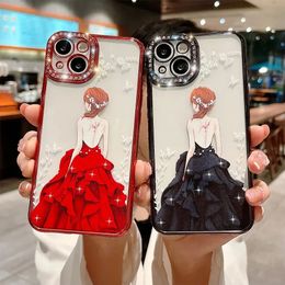 Back Girl for iPhone 15 14 13 12 11 Pro Max 14Plus Case Glitter Diamond Plating Soft Clear Cover All-round Camera Protect Shell