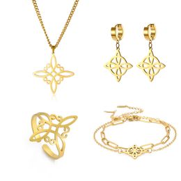 Fashion Chic Celtic Symbol Witch Knot Pendant Jewellery Set Women Necklace Witchcraft Amulet Necklace Earrings Ring Bracelet Accessory Set