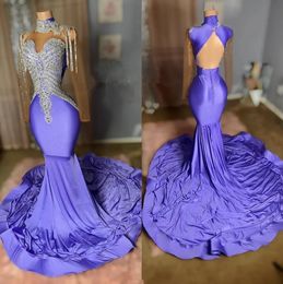 Mermaid Lilac Purple African Prom Dress For Women Sier Diamond Crystal Backless Evening Celebrity Gown Robes De Soiree